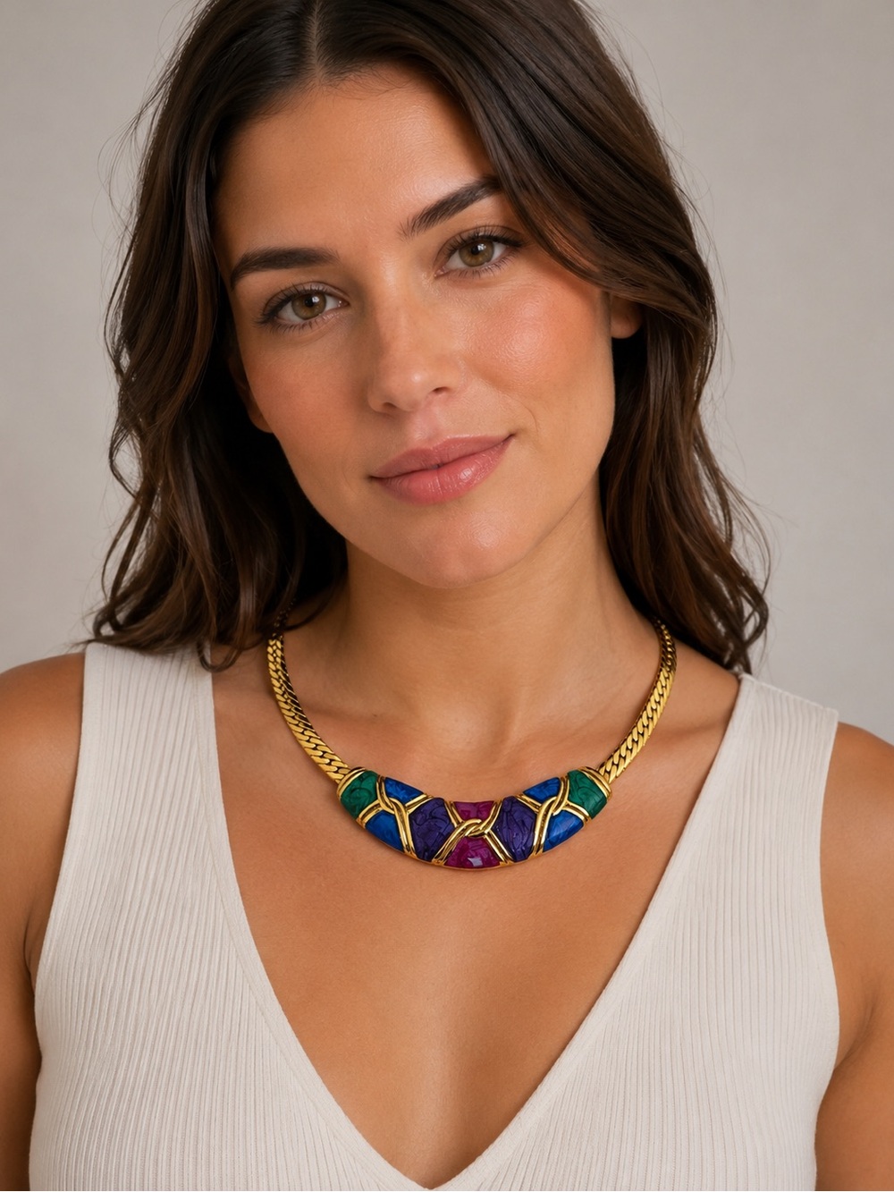 Vintage 90s Gold Tone Enamel Herringbone Statement Collar Necklace 16” Choker✨